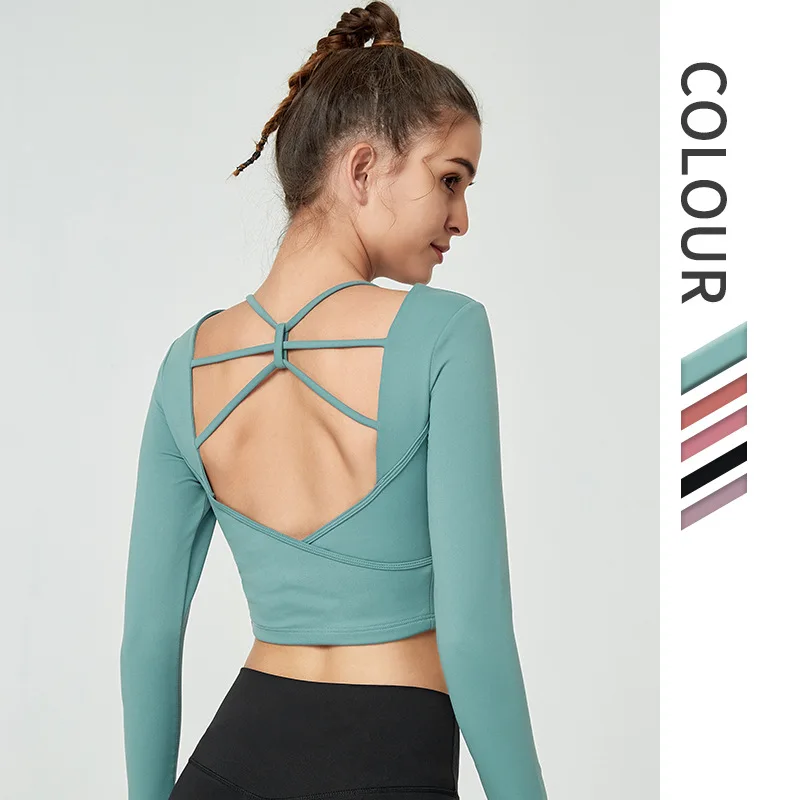 Бесшовный укороченный Топ с длинным рукавом для йоги женский топ открытой спиной