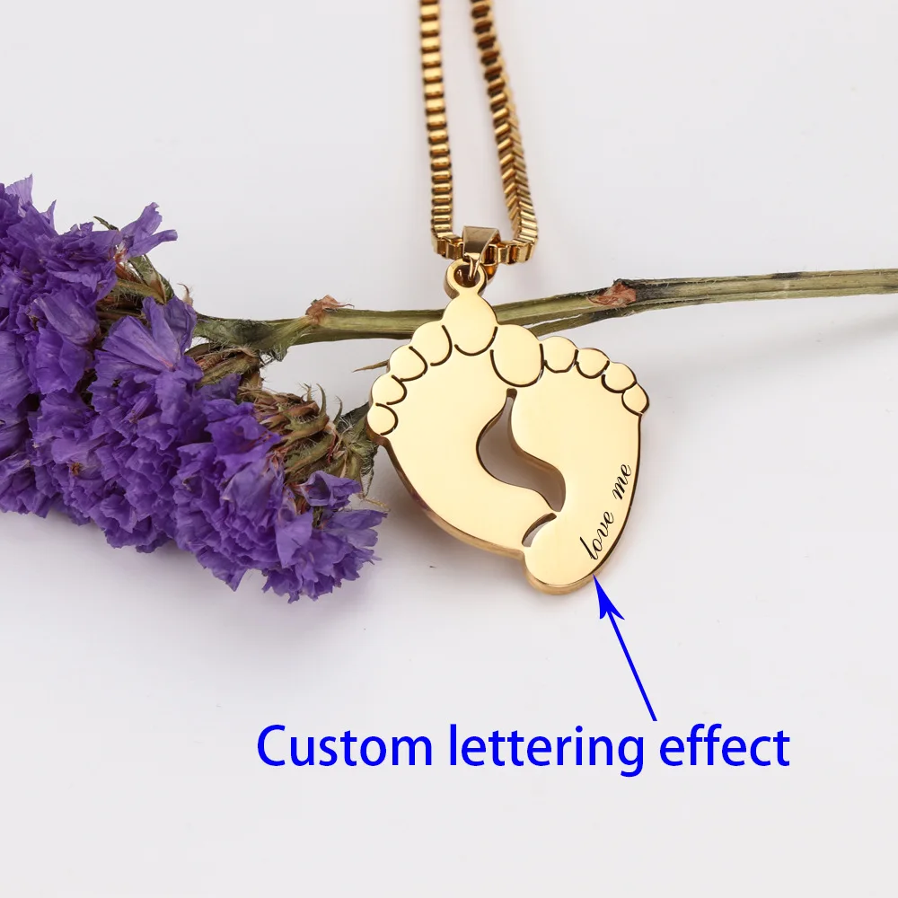 Personalized Custom Name Date Necklace Stainless Steel Baby Foot Charm Pendant Nameplate Necklaces Gold Choker Birthday Gifts