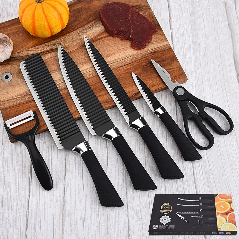 

6pcs/set Kitchen Knife Set Black PP handle Kitchen Knife Set Stainless Steel Household Kitchens Ripple Knives kitchen scissors