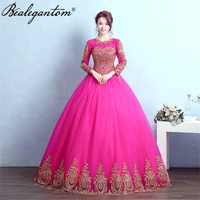 bealegantom long sleeves fuchsia quinceanera dresses ball gown tulle appliques sweet 16 prom party gown vestido 15 anos qd115