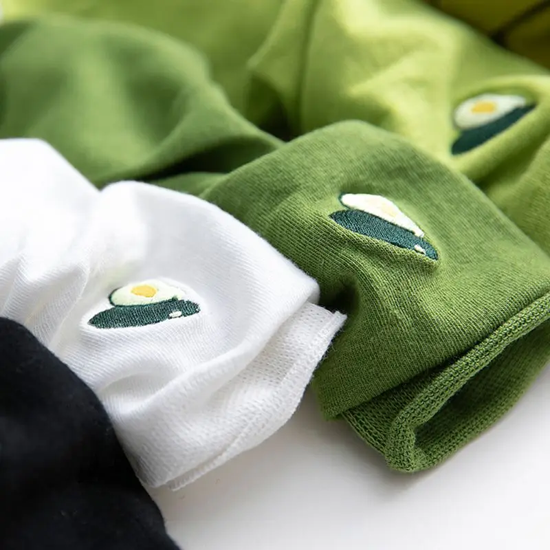 

5 Pairs Womens Girls Autumn Cotton Crew Socks Avocado Fruit Embroidery Hosiery