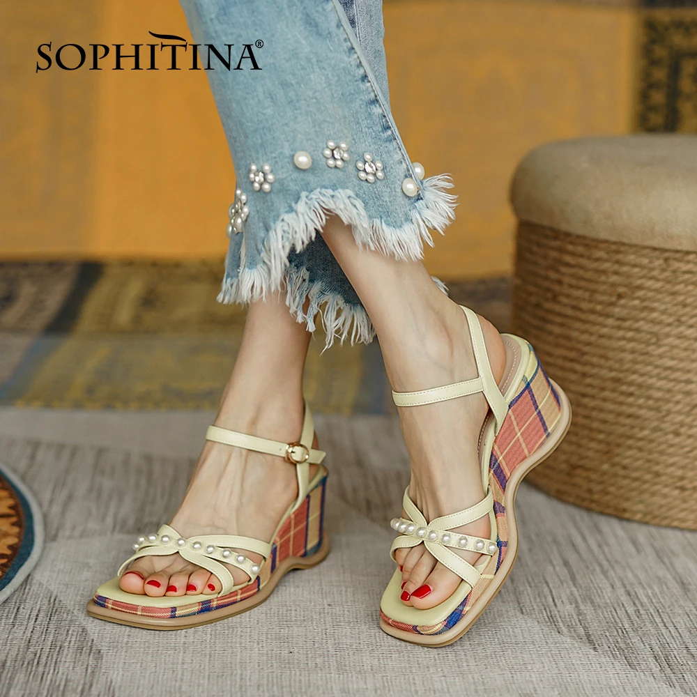 

SOPHITINA Summer Women Sandals Fashion Wedges Plaid Premium Leather Sandals Mixed Colors Platform Pearl Casual Lady Shoes WO199