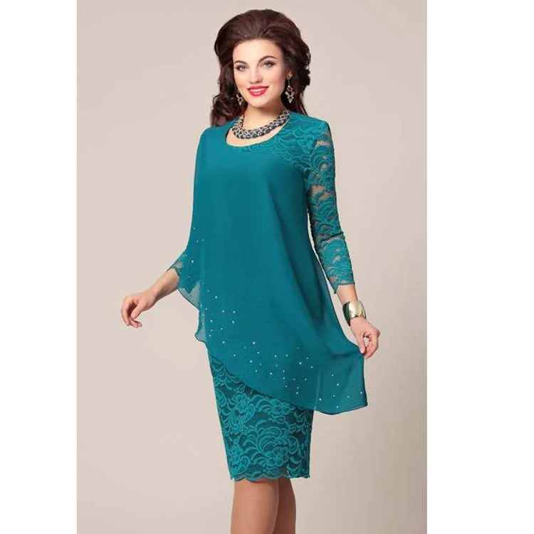 

European Style 2021 Summer Solid Color Lace Dress Female Elegant 3/4 Sleeve Slim Party Chiffon Loose Dress Women Vestidos