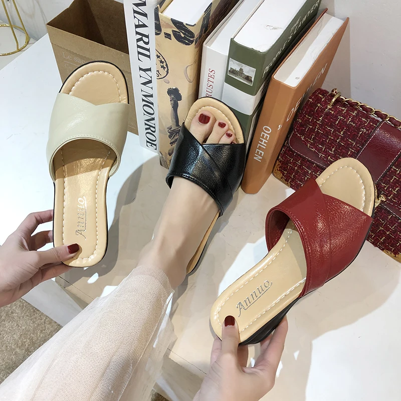 

Vintage Slippers For Women Open Toe Summer Slippers Women Indoor Slides Solid Color PU Leather Roman Outside Slipper Zapatos De