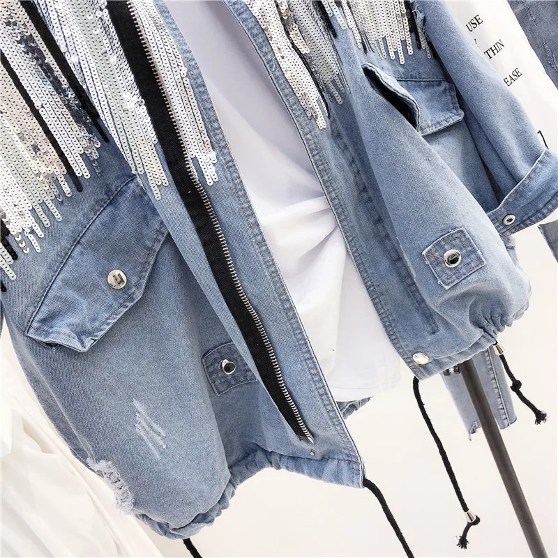 2021 блестящая джинсовая куртка Женская куртка-бомбер модные пальто с длинным