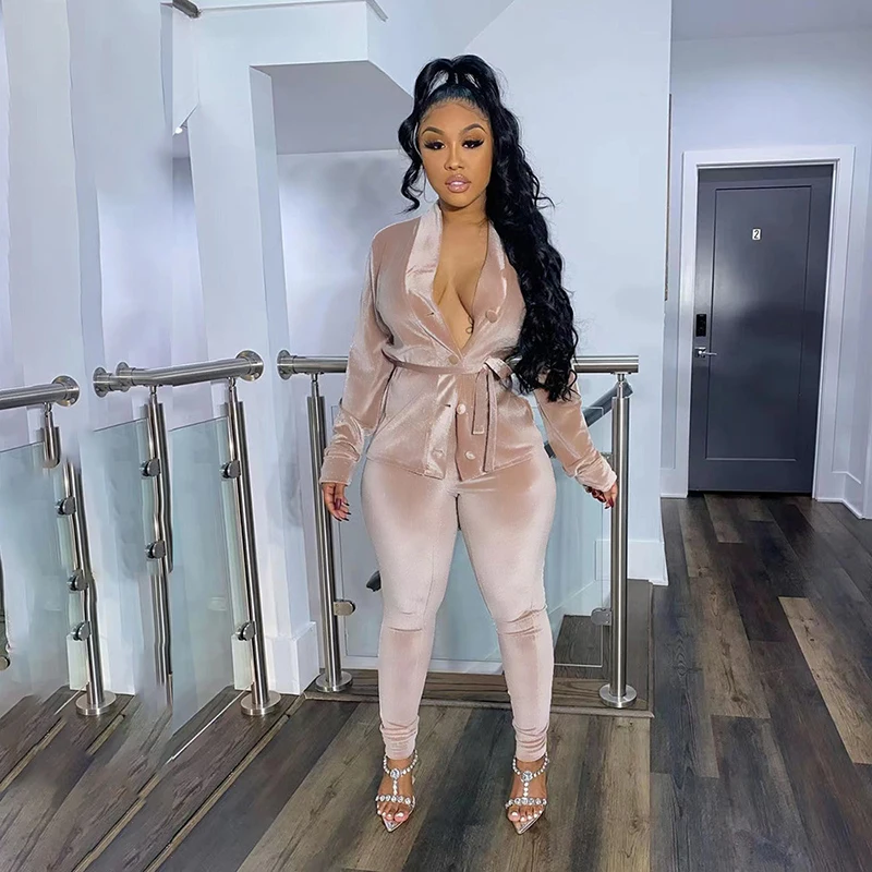 

Two Piece Set Women Velvet Hoodied Long Sleeve Button Up Bandage Crop Top Pants Leggings Outfits 2021 Fall Tracksuit Sweatsuit
