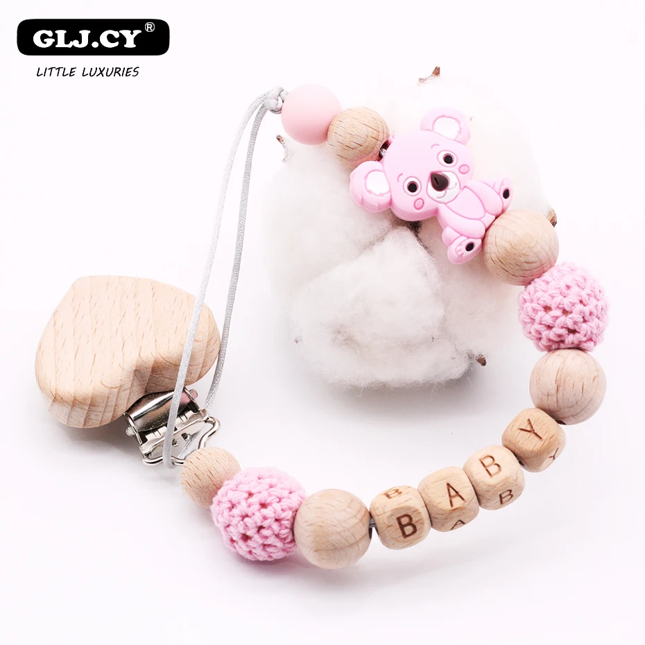 

New DIY Wooden Personalized Name Baby Pacifier Clips Clip Cute Mini Cartoon Koala Silicone BPA Free Pacifier Chain Holder