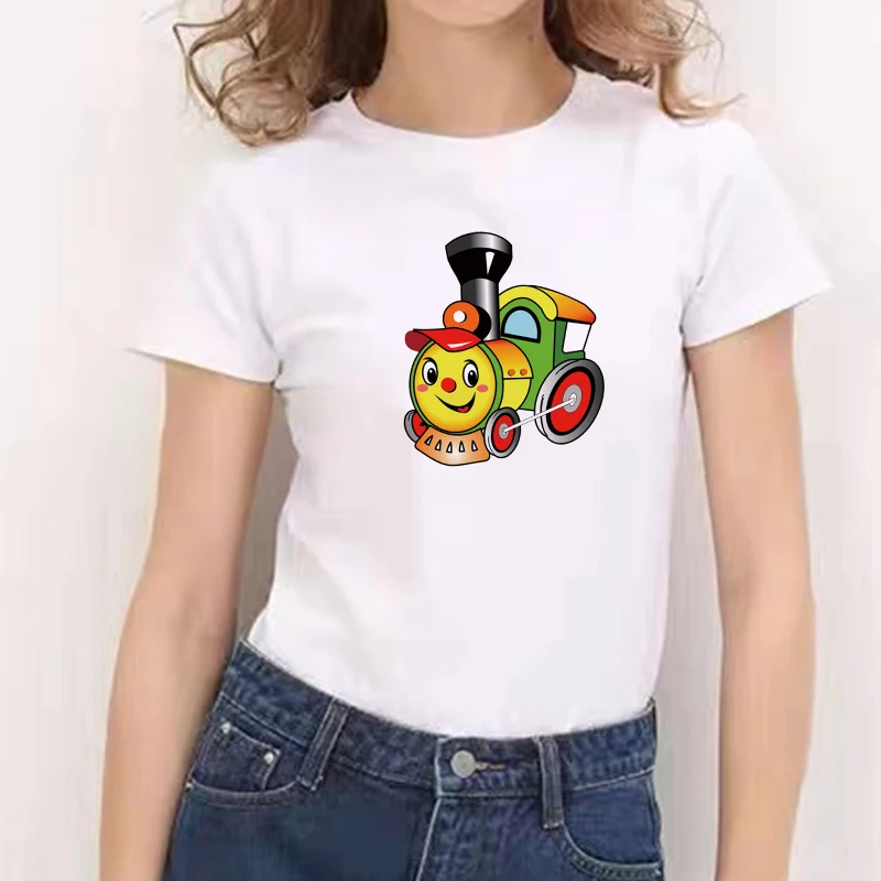 

2021 Train Print Short Sleeve T-Shirts for Lady O-Neck Oversized Fashion Streetwears White O-NECK T-shirt Kawaii Cartoon Tees