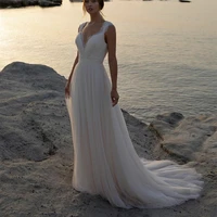 elegant long lace v neck wedding dresses a line straps open back tulle robes de mari%c3%a9e bridal gown for women