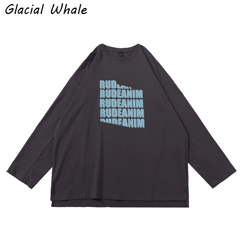 

GlacialWhale Long-sleeved Men 2021 New Autumn Dark gray Print T-shirt Male Streetwear Hip Hop Round neck Trendy Mens Clothing