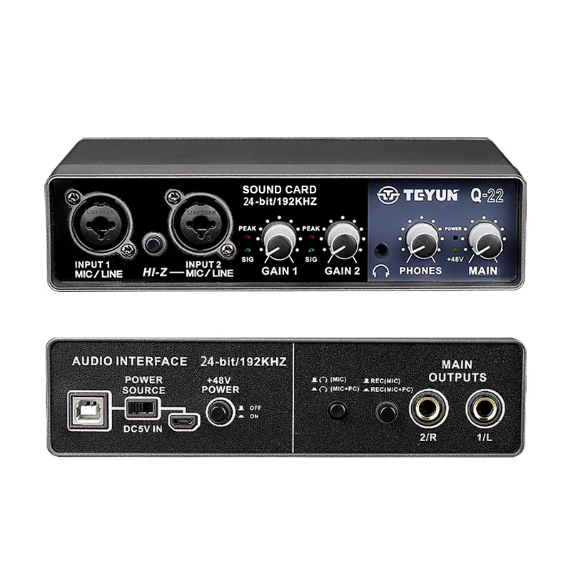 TEYUN Q-22 جهاز التحكم في الصوت كارت الصوت مع الرصد ، الغيتار الكهربائي لايف تسجيل المهنية كارت الصوت للاستوديو والغناء