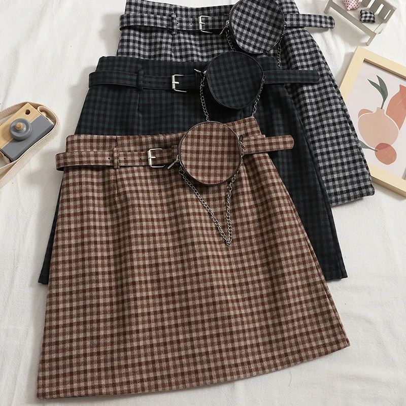 

Contrast Color Retro Plaid Skirt Female 2021 Autumn All-match Waist Bag Chain Skirt High Waist Bag Hip Skirt A-line Skirt