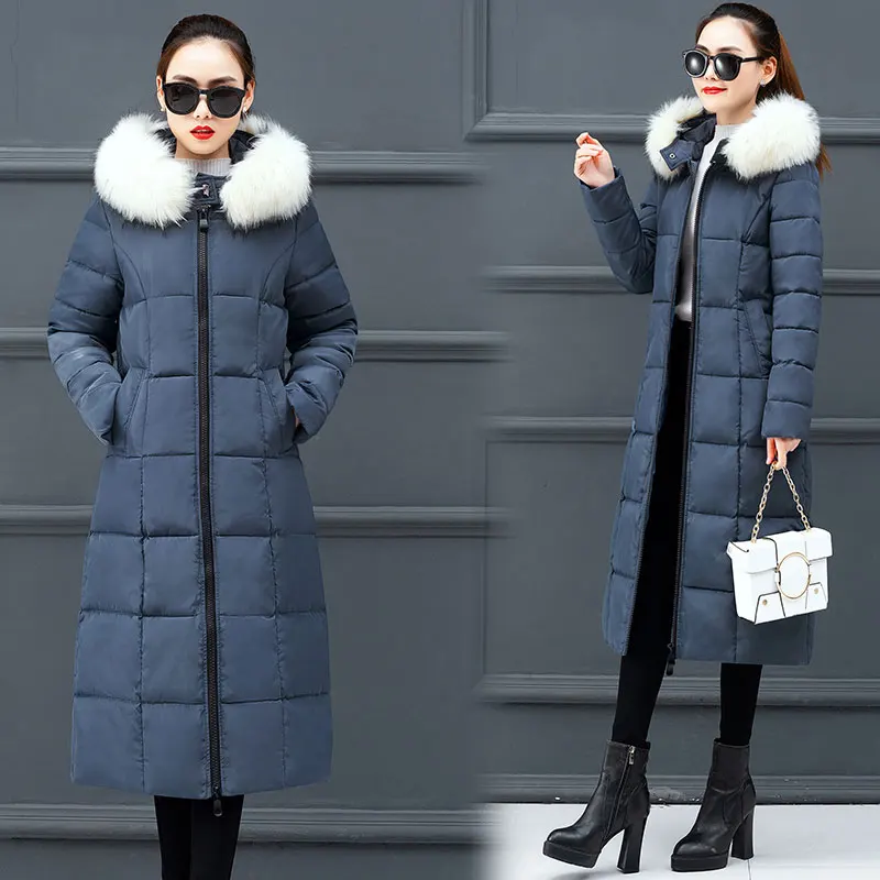 blue white fur Разноцветное пальто с мехом большого размера, зимнее пуховое пальто с капюшоном, Женская куртка, Толстая теплая длинная стеганая парка с хлопковой подкладкой, ветровка с рукавами - Цвет: blue white fur