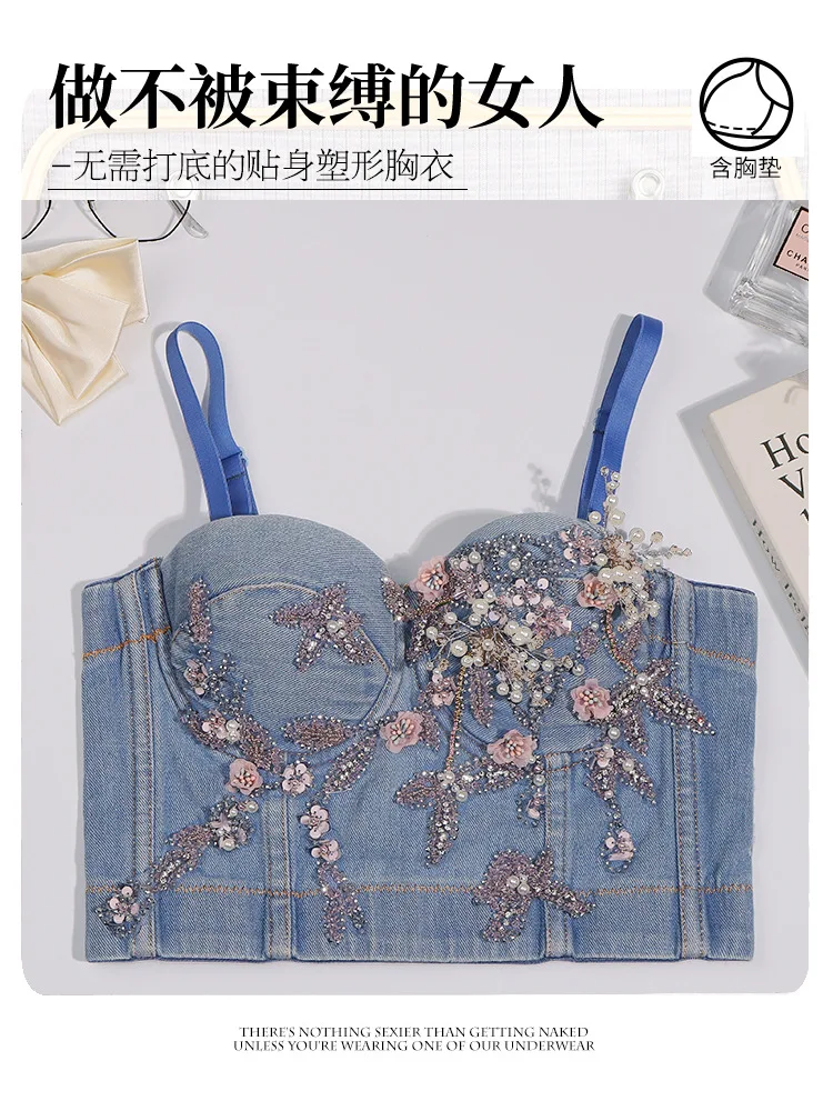 Pearl Diamond Stitching Luxury Women Tank Tops Sling Sexy Backless Crop Top High Street Banquet Nightclub Female Cowboy Top Vest