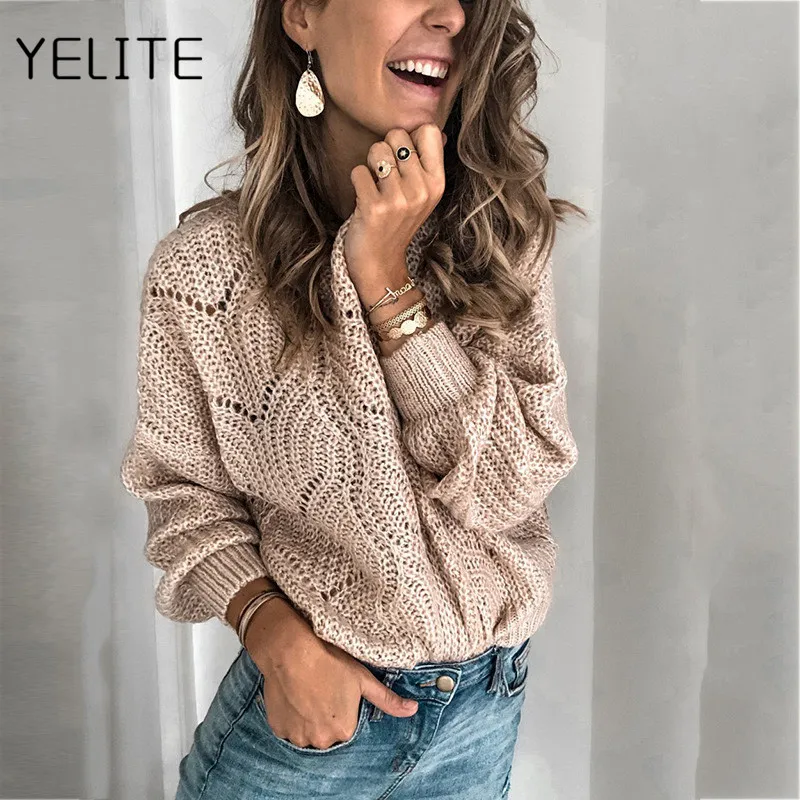 YELITE, женская мода, осень, новинка, корейский стиль, кружева, сшитые, дизайн, на ощупь, полый, толстый, линия головы, свободная одежда, теплый свитер для женщин