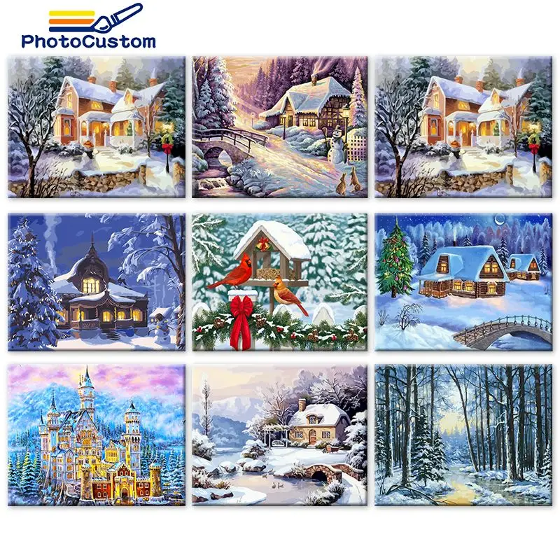 

PhotoCustom Acylic Paint By Numbers Snow House Gift Kits 60x75cm Landscape Oil Painting On Canva Zero Basis DIY Gift Home Wall