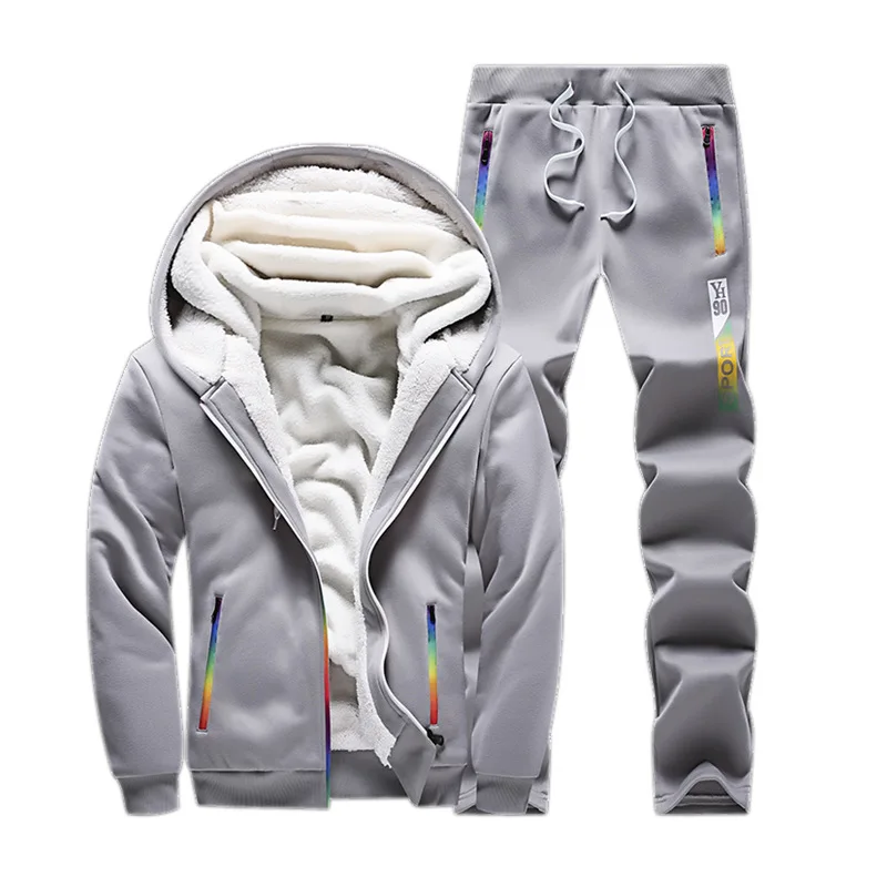 Grey EM118 Толстый флисовый спортивный костюм, зимний мужской комплект с капюшоном, бархатная куртка+ штаны, повседневный мужской спортивный костюм, комплект из 2 предметов, облегающий костюм с капюшоном - Цвет: Grey EM118