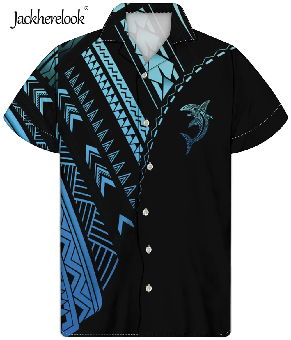 

Jackherelook Vintage Polynesian Shark Style Hawaiian Shirts for Men's Clothing Short Sleeved Tops Tee Summer Beach Loose Camisa
