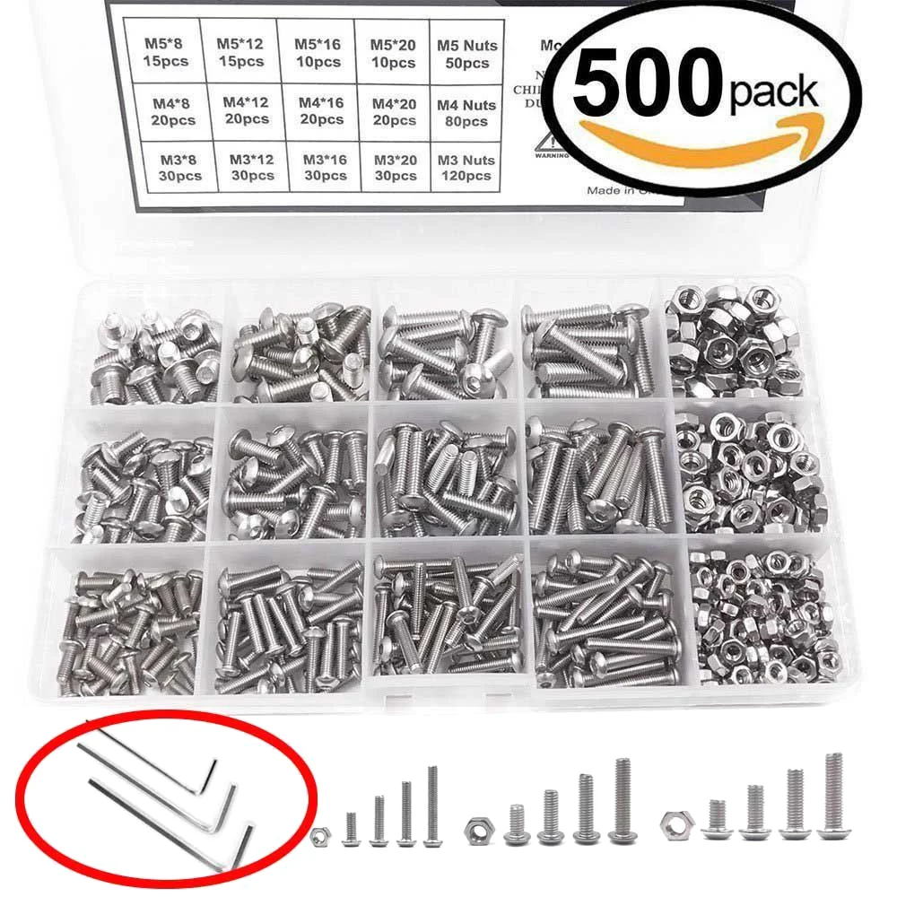 

500pcs M2 M3 M4 M5 Screws Nuts 304 Stainless Steel Flat Round Cap Head Screws Bolts And Nuts Kit With Storage Box