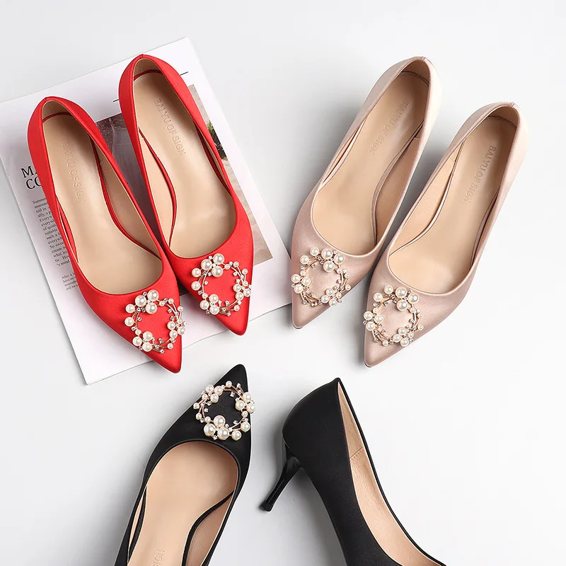Women Wedding Shoes High Heels Shoes Woman Bride Silk String Bead Thin High Heels Pint Toe Slip On Elegant Crystal Red Pumps