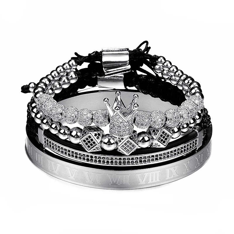 silver set A Роскошный Римский Королевский браслет с шармом с короной Мужская мода Золотой Плетеный Регулируемый мужской браслет для хип-хопа ювелирный подарок - Окраска металла: silver set A
