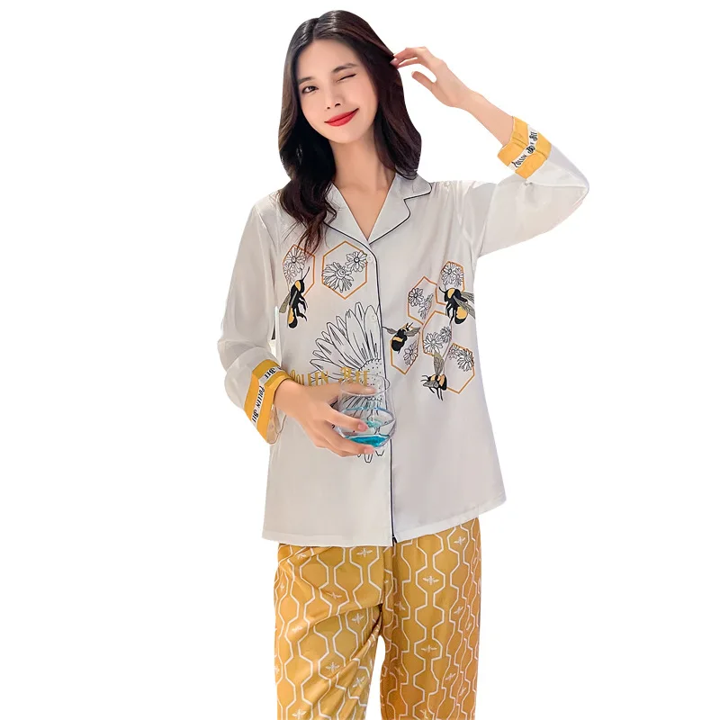 

Новый Модный женский пижамный комплект из искусственного шелка с принтом пчелки, женские пижамные комплекты Pj для женщин