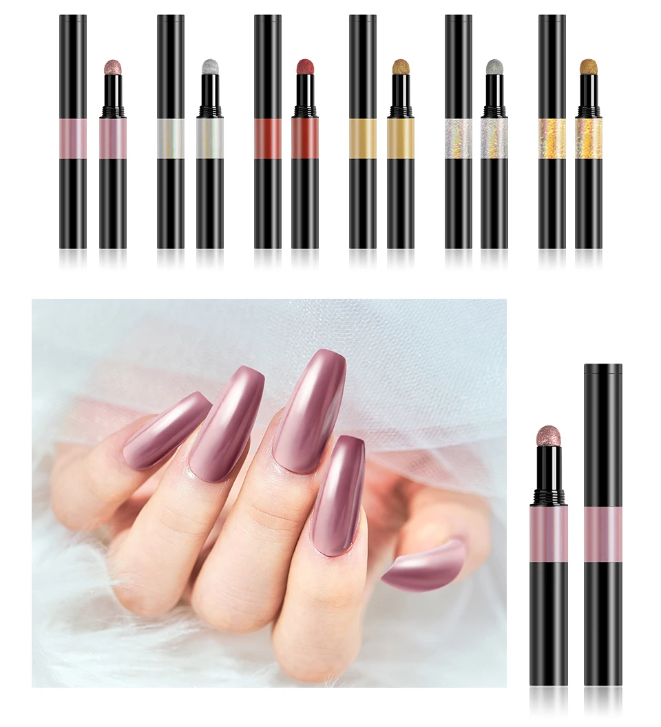

Nail Powder Cushion Pen Nail Art Glitter Mirror Effect 6 Colors Nails Easy Applying Manicure Powder Tool Long Lasting