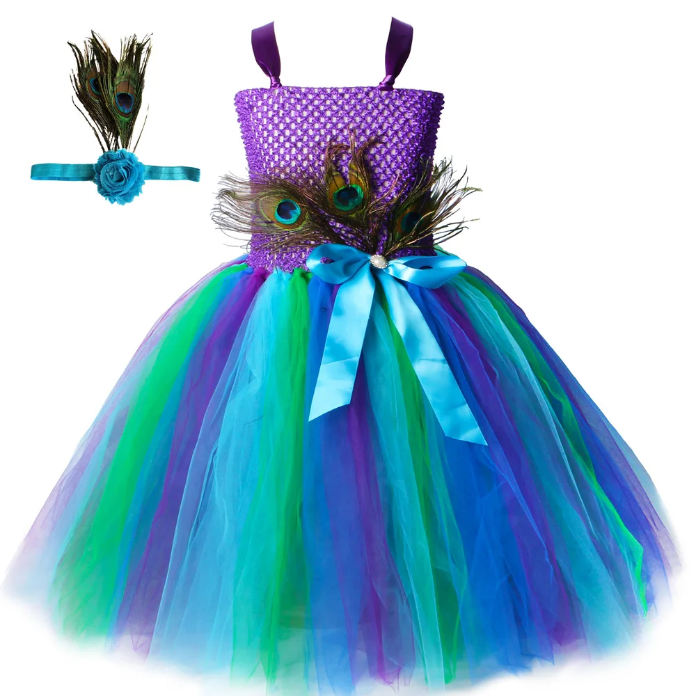

Girls Peacock Princess Tutu Dress with Headband Flower Feathers Kids Ball Gown Dresses for Girls Pageant Halloween Party Costume