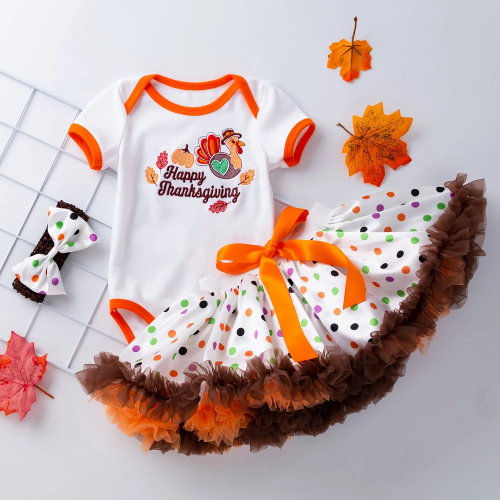 

0-2 Years 3PCS Baby Girls Turkey Day Party Embroidery Design Clothing Cotton Short Sleeve Romper Skirt Costume