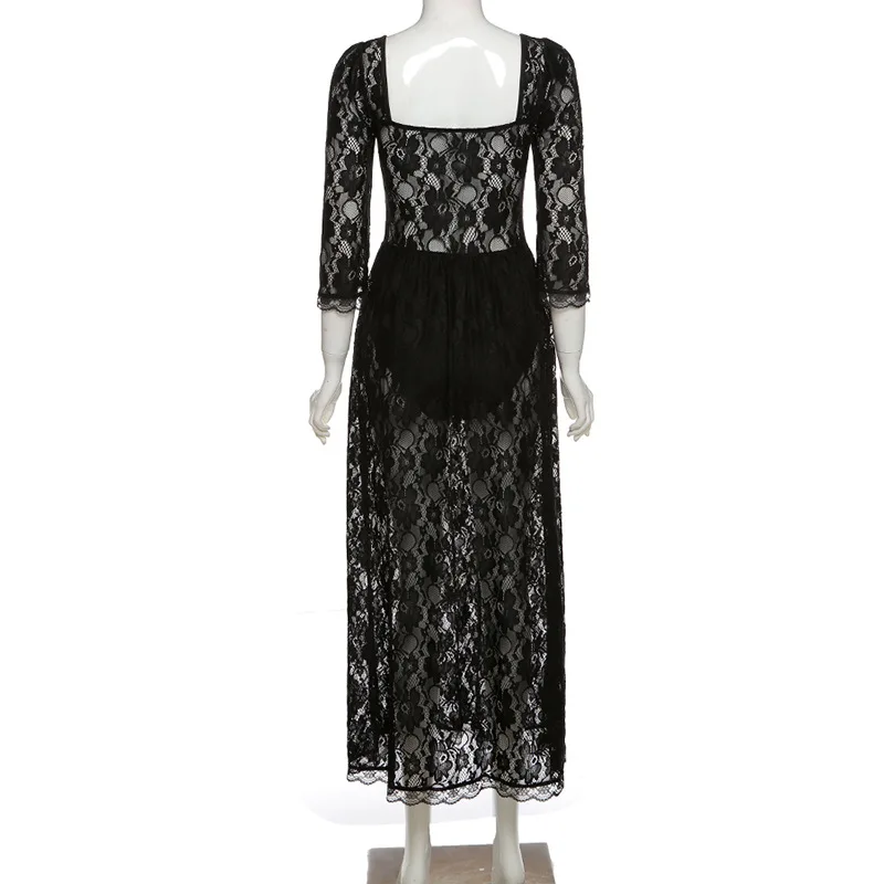 

Summer Sexy Perspective Lace Dress Women 2021 New Solid Square Collar Three Quarter Sleeve Backless Long Split Ladies Dress