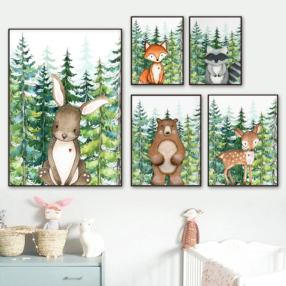 Кролик лиса медведь олень енот лес животные настенная Картина на холсте