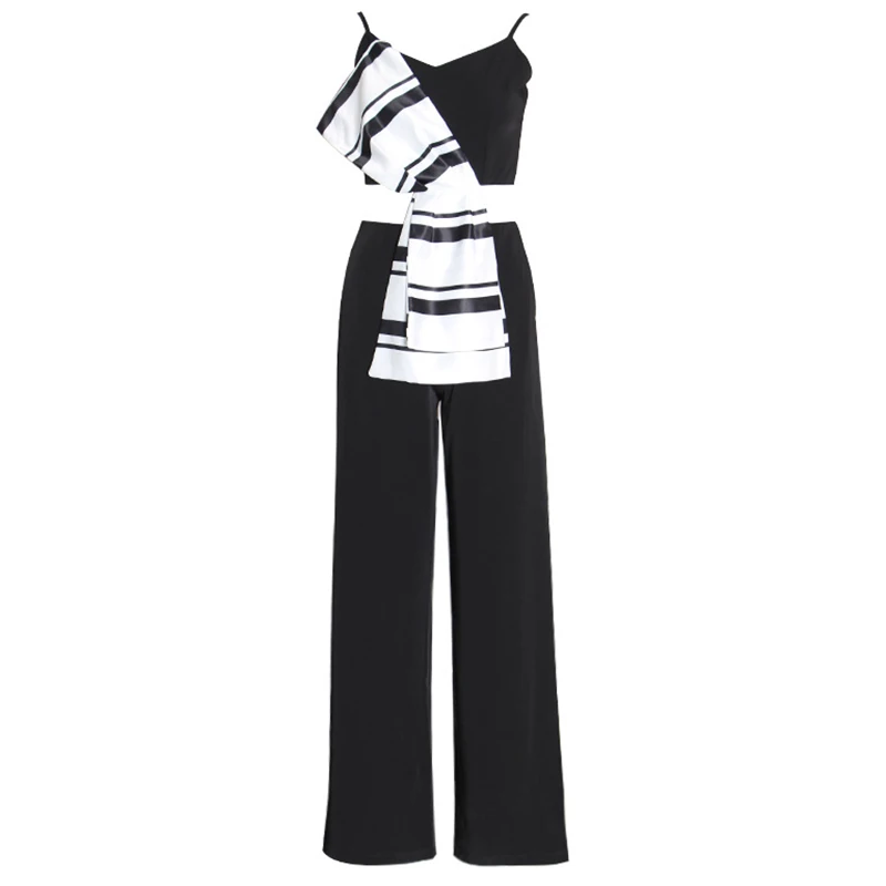 Женский комбинезон на бретелях с широкими штанинами разноцветный бантом