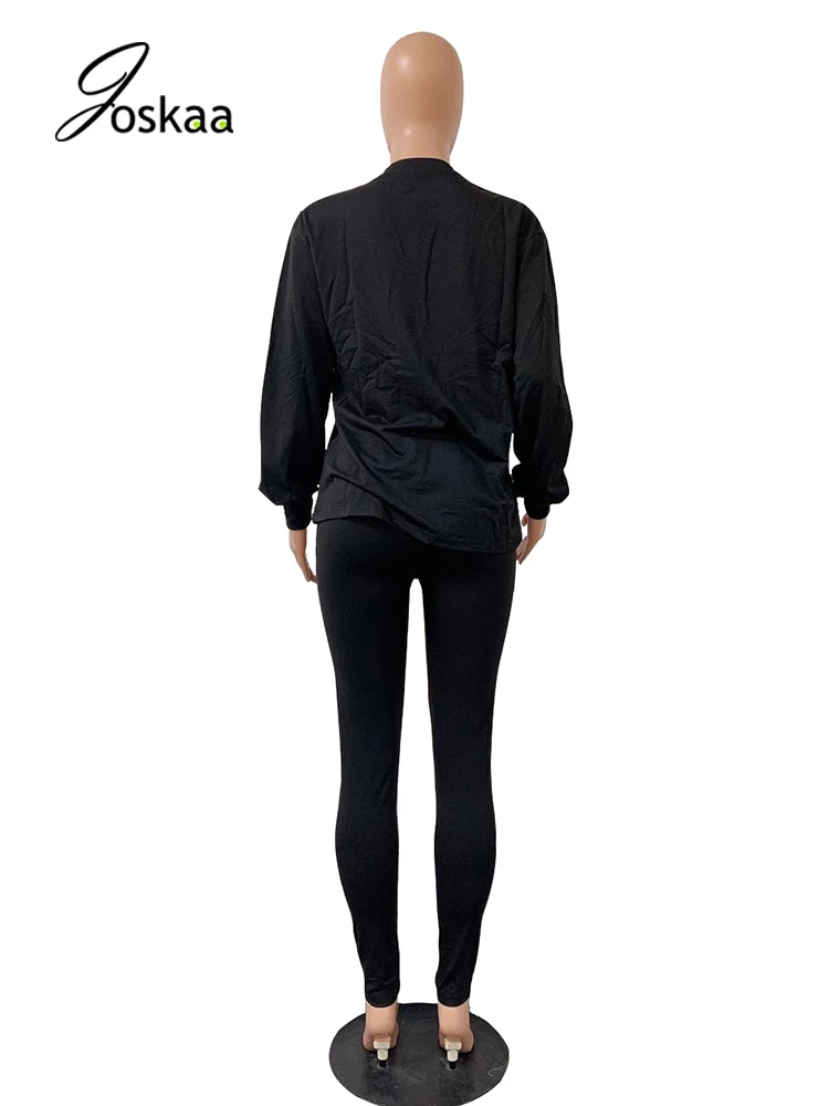 

Joskaa Lantern Sleeve O Neck Sweater Tops Stretchy Pants Tracksuits Two Piece Sets Casual Homewear Jogger Women Sport Sweatsuits