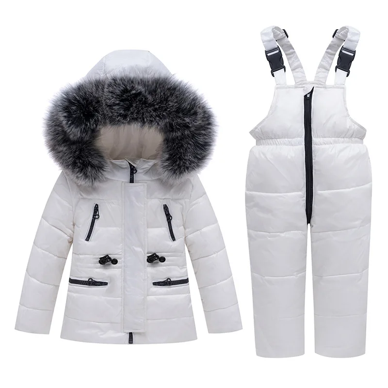 Winter Thick Warm Baby Kids Down Clothing 2 Piece Sets Faux Fur Collar Hooded Jackets+Bib Pants Infant Toddler Outfits 2-5T | Детская