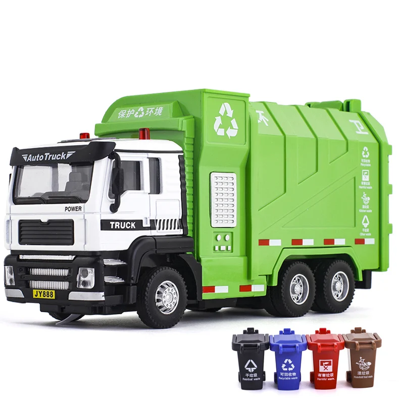 

New 1/50 Kid's Side Loading Garbage Truck Can Be Lifted With 4 Rubbish Bin Toy Car Big Size Boys Gifts Toys Free Shipping
