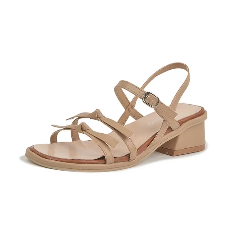 

Summer women sandals slippers Ankle Strap Block Heels Bow Shoes Med All-Match Girls Chunky High Comfort New Clear Medium Beige