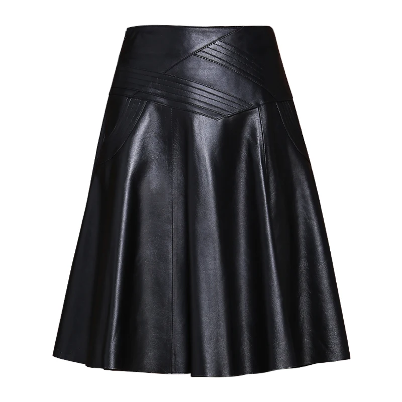 

Leather skirt women 2020 show thin new sheepskin high waist ultra fire skirt foreign style medium length A-line large skirt