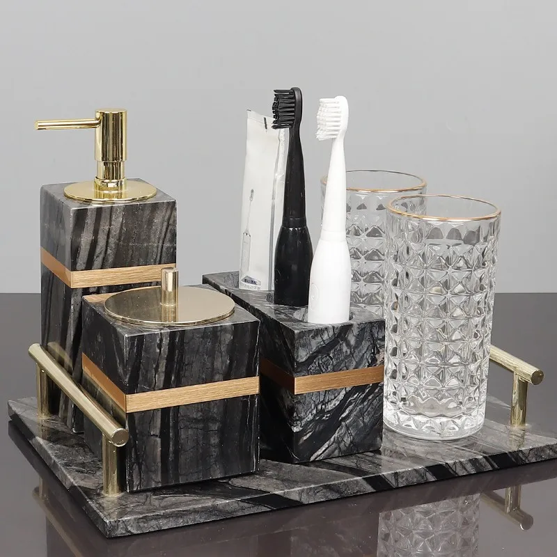 Мраморный комплект для ванной диспенсер мыла с насосом пара чашек коробка