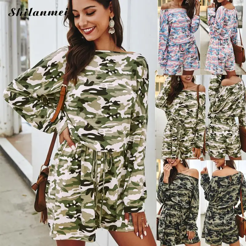 

2020 Off Shoulder Women Long Sleeve Jumpsuits Spring Summer Camouflage Short Rompers Female Cotton Casual Lace-Up Loose Jumpsuit