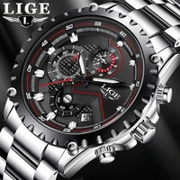 2022 lige fashion mens watches top luxury brand silver stainless steel 30m waterproof quartz watch men army military chronograph