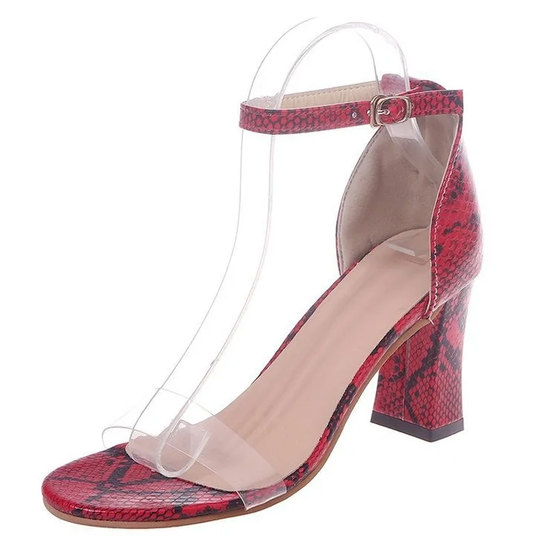 

2021 New Ladies Summer Buckle Rough with Sandals 5cm High Heels Thin Transparent Pointed Snakeskin Open Toe Women's Sandals