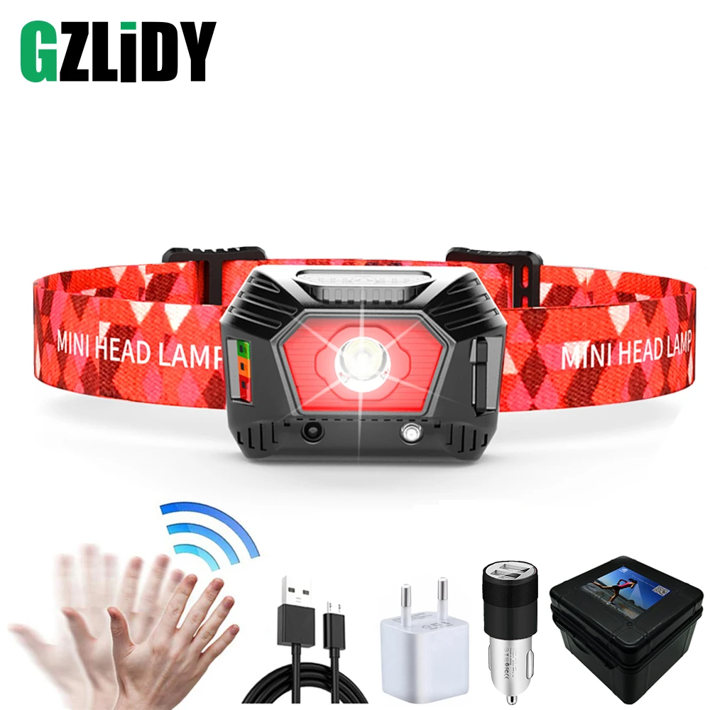 

Mini LED Headlamp with Infrared Sensor and Battery Display Headlight USB Rechargeable Waterproof Night Running Fishing Lights