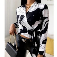 womens ladies side tie temperament cow print tie front wrap around top v neck ladies long sleeve colorblock t shirt 2021 new