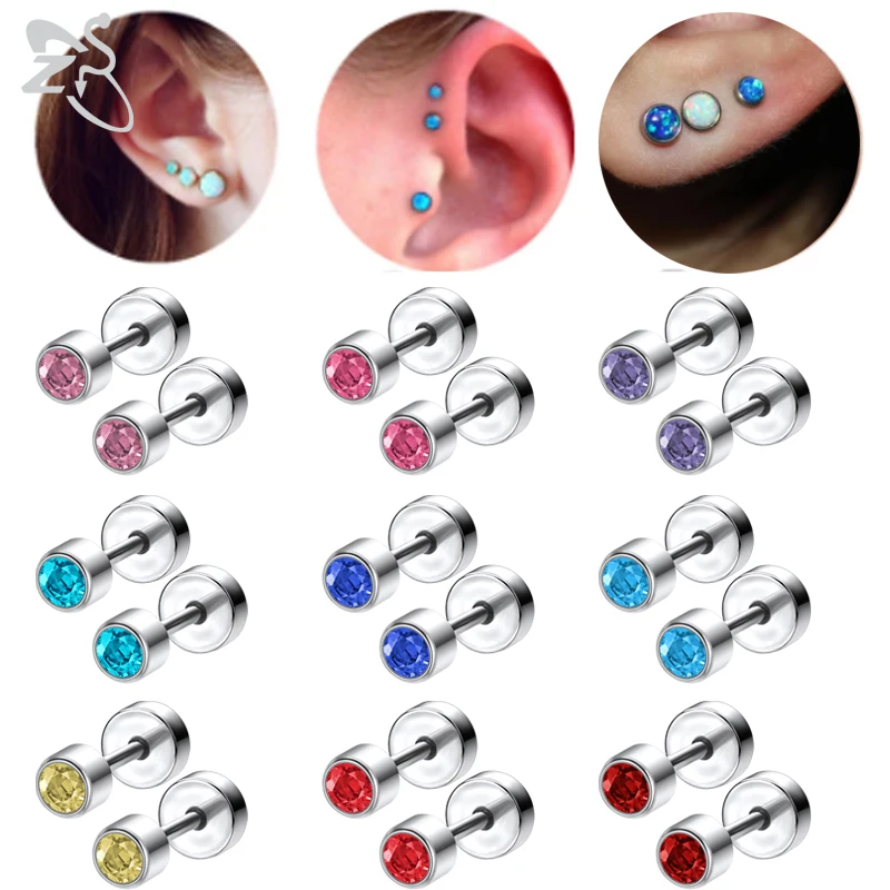 

ZS 12pcs/set Round Crystal Stud Earrings for Woman Girls Stainless Steel Ear Studs Conch Tragus Helix Piercing Cartilage Earring