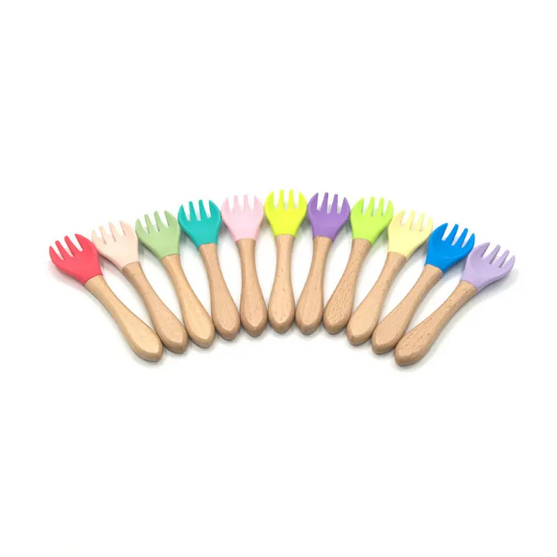 

5PCS Baby Bamboo Fork Silicone Wooden Baby Feeding Spoon Toddlers Infant Feeding Accessories Organic BPA Free Food Grade Materia