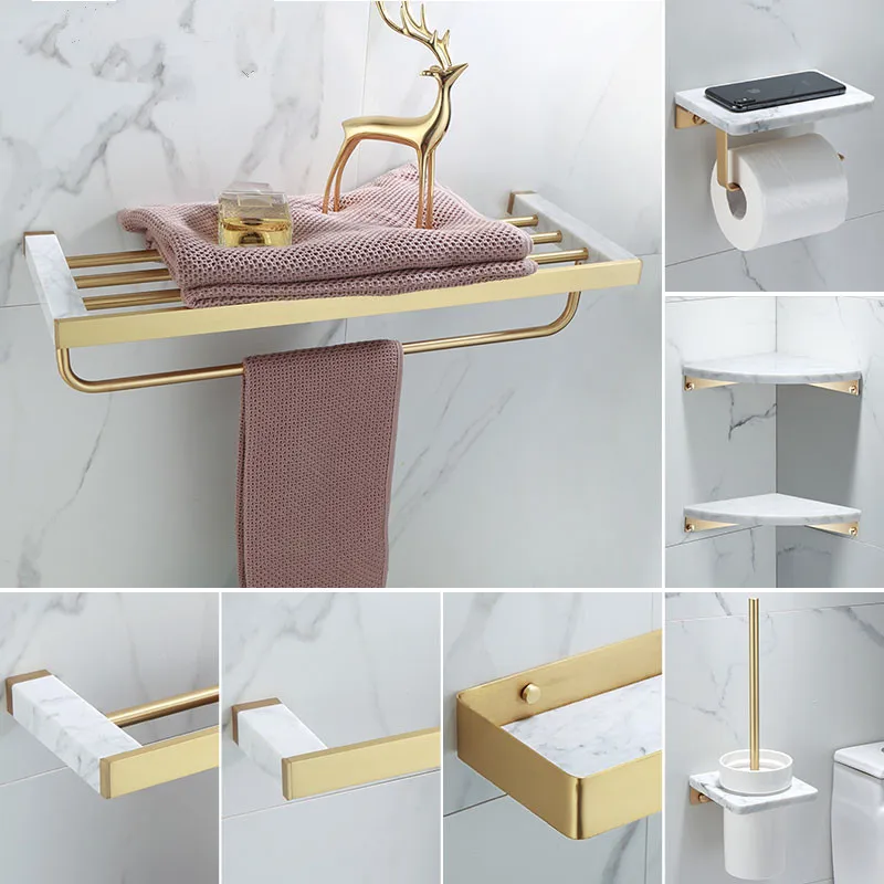 

Bathroom Accessories Set Brushed Gold Bathroom Shelf,Towel Rack,Towel Hanger Paper Holder,Toilet Brush Holder Marble and Brass