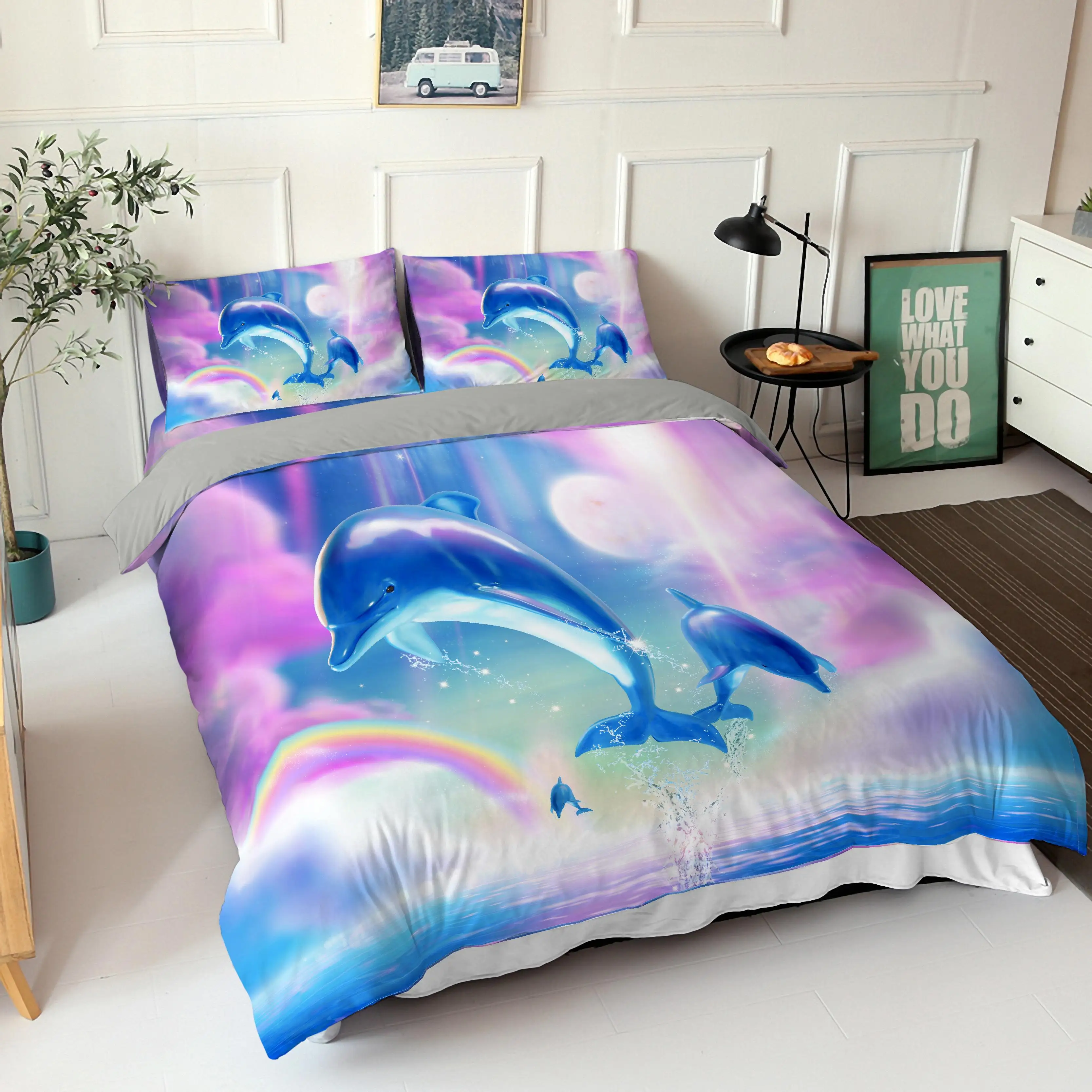 

Lovely 3D Digital Printed Dolphin Bedding Kid Duvet Cover for Living Room with Pillow Shame 2/3pcs Quilt Cover Bedding Set
