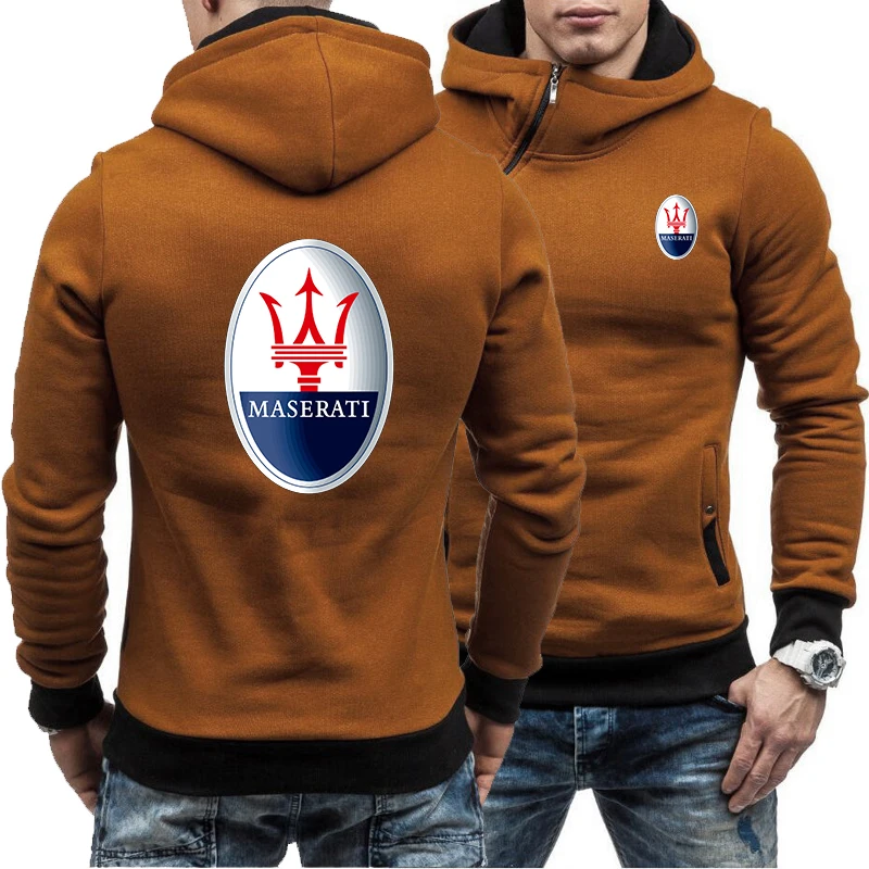 

Spring and autumn Maserati car LOGO men's diagonal zipper fleece hooded sweater personality trend casual pullover men