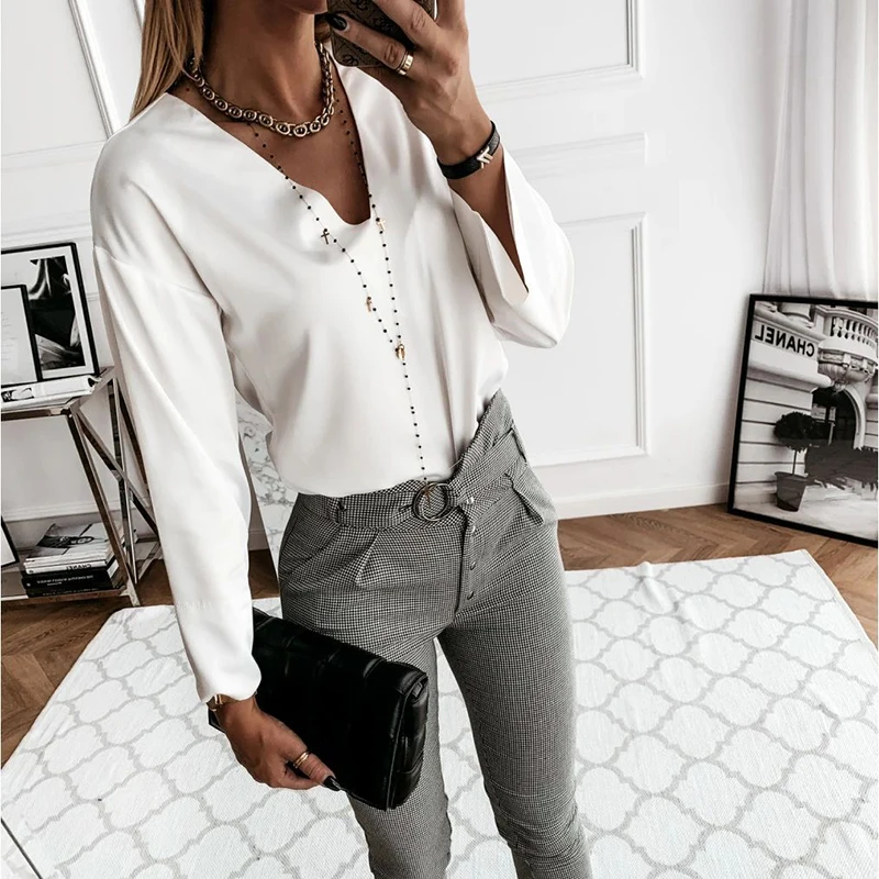 

New Elegant V Neck Flared Sleeves Lady Blouse Casual Solid Color Satin Tops Autumn Winter Women Fashion Patchwork Office Blouses