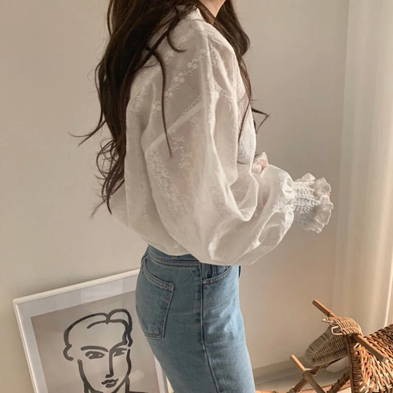 

Embroidery Lace Shirt Plus Size Spring Women Long Sleeve Linen Cotton Girls Blouse Femme Casual White Tops Women Blouses